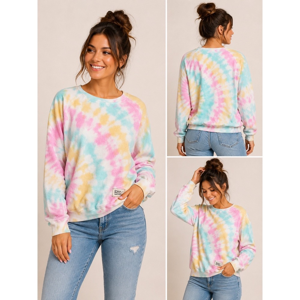 People of Leisure Tie Dye Sweatshirt Womens Med Pastel Pink Yellow Blue Raglan